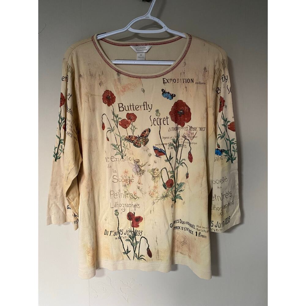 Vintage Christopher & Banks Y2K Floral Tattoo Fairy Rhinestone Embelished Tee 2X